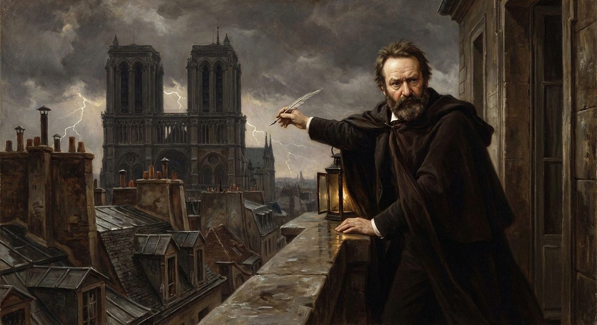 Romantisches Portrait eines baertigen franzoesischen Schriftstellers