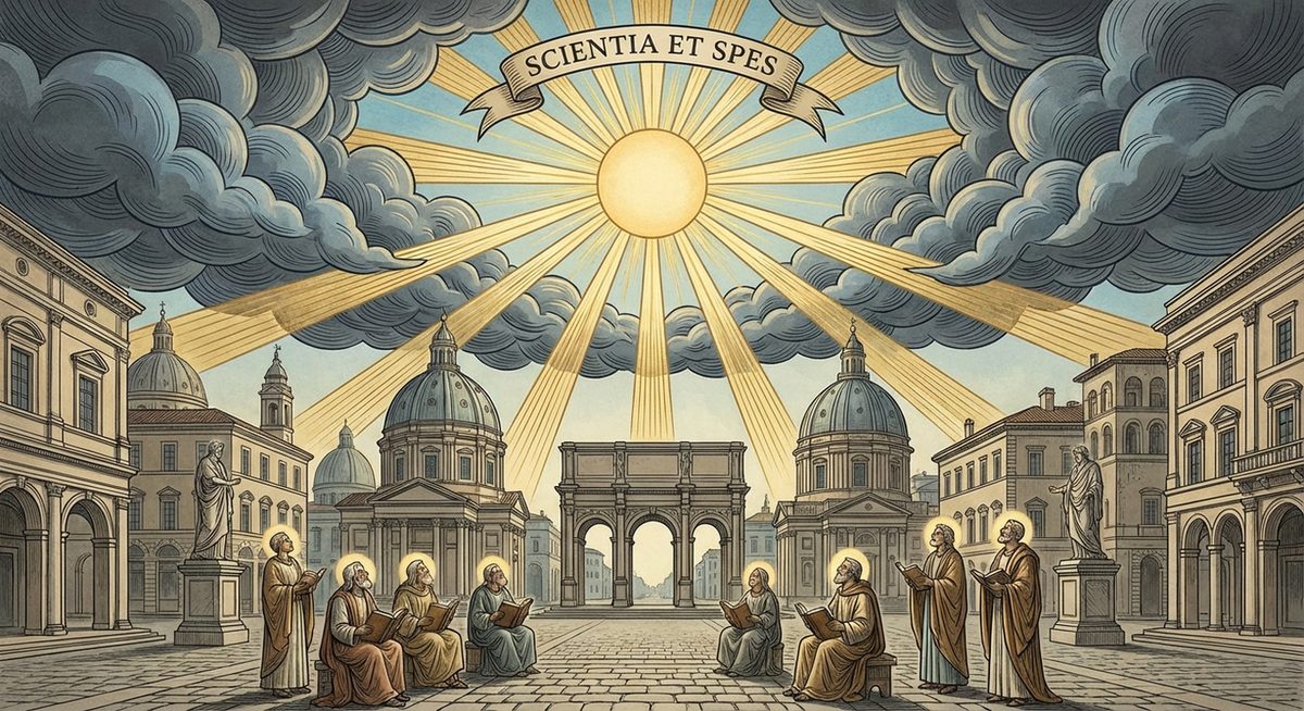 Sonnenstrahlen durchbrechen dunkle Wolken ueber einer Stadt