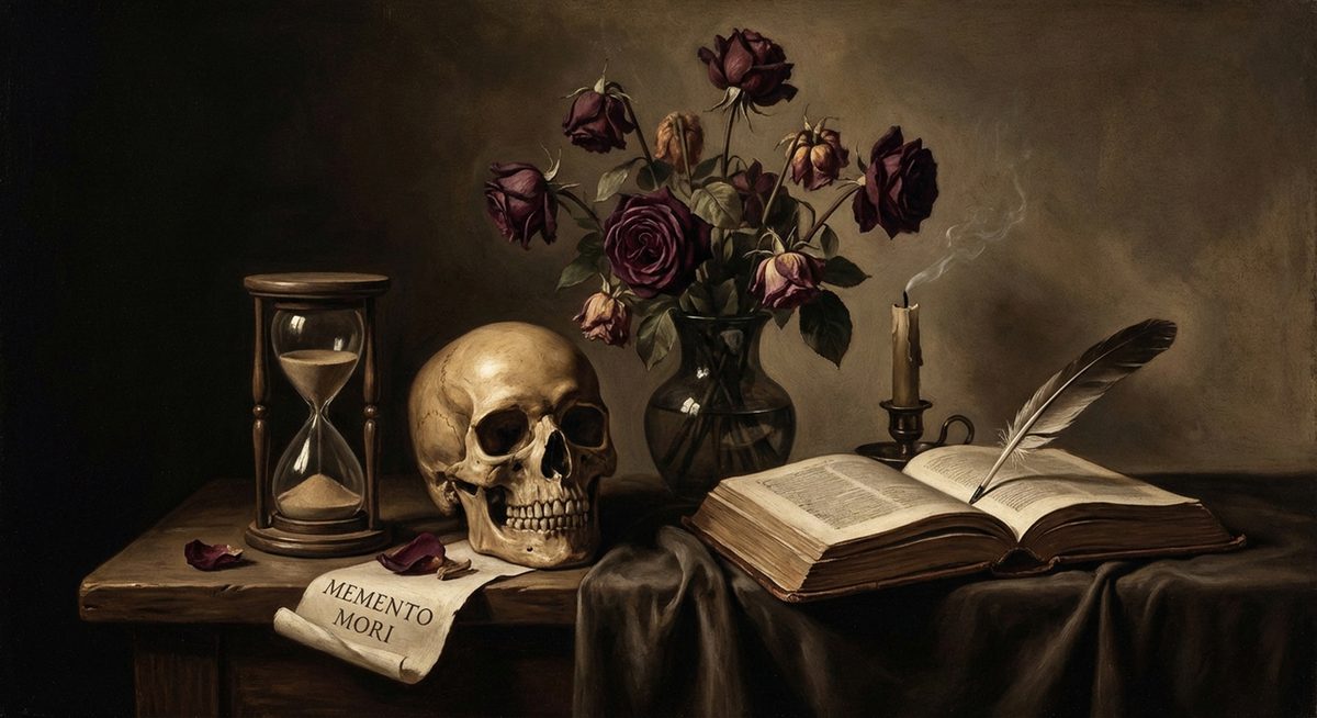 Barockes Vanitas-Stillleben mit Totenschaedel und Sanduhr