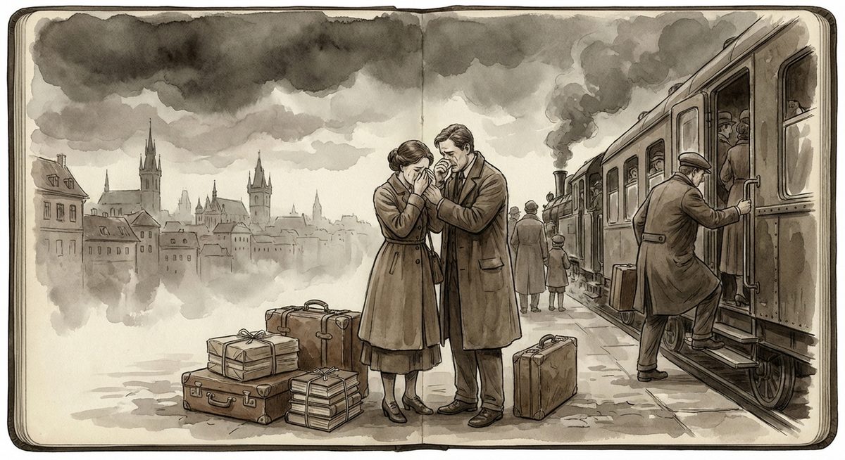Koffer und Buecher am Bahnhof - Abschiedsszene