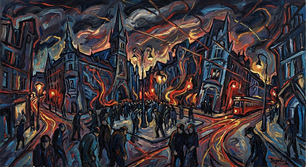 Expressionistische Darstellung einer naechtlichen Grossstadt