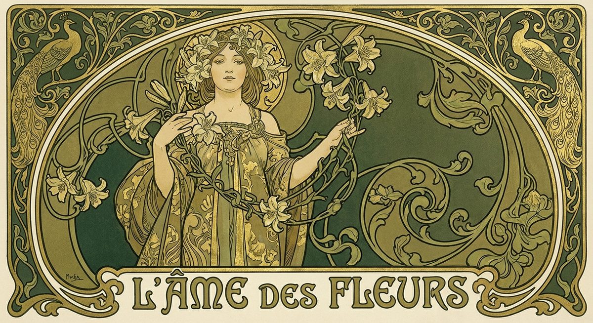 Elegante Frau umgeben von floralen Jugendstil-Ornamenten
