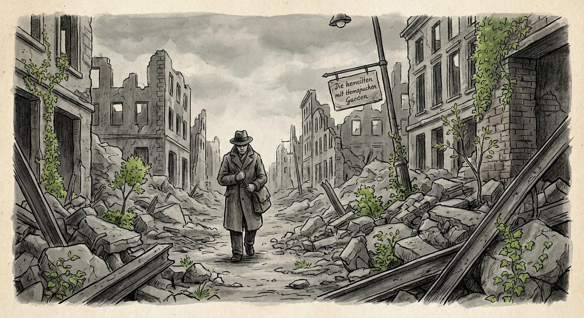 Einsame Figur in zerstoerter Stadt mit aufkeimenden Pflanzen