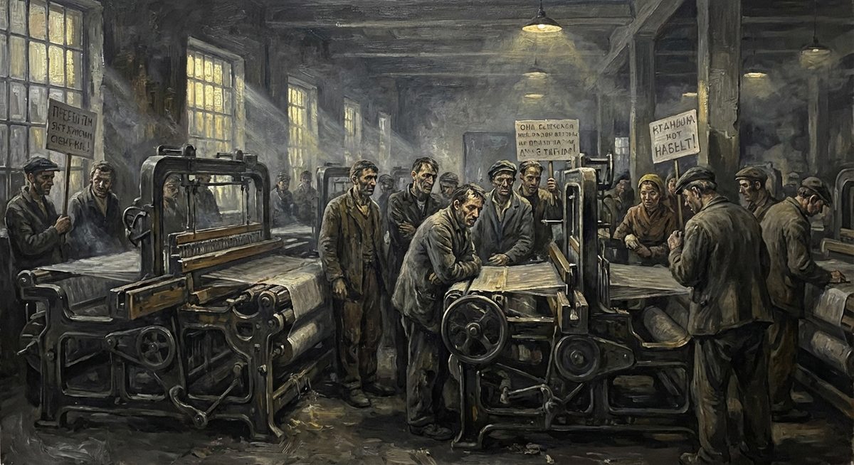 Erschoepfte Textilarbeiter in dunkler Fabrikhalle