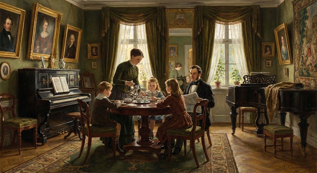 Buergerliche Familie im eleganten Salon des 19. Jahrhunderts
