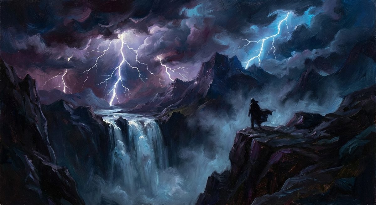 Dramatische Gewitterlandschaft mit einsamer Figur