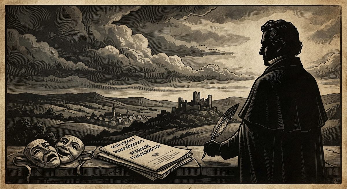 Symbolische Darstellung mit Theatermasken und Schreibfeder